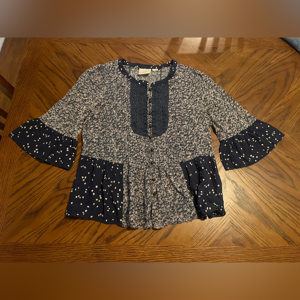 Maeve by Anthropologie Navy Floral Mix-Print Peplum Blouse - Women size 8